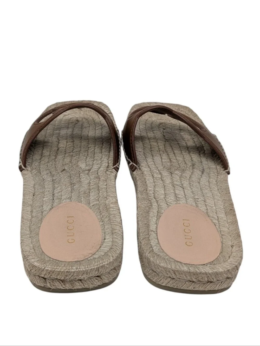 Gucci Interlocking G Brown Leather Espadrilles Flat Slide Sandals Size EU 38